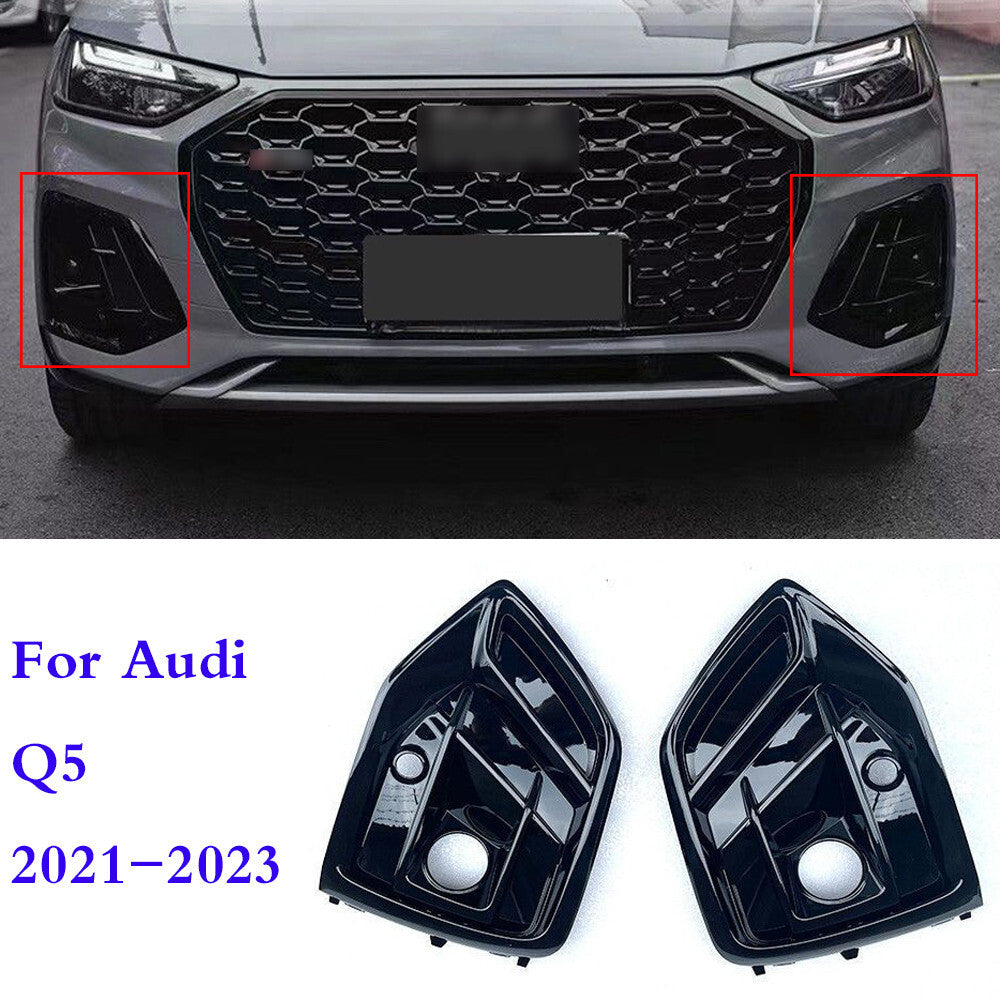 Front Fog Light Cover Grill Fog Lamp Frame For Audi Q5 2021-2023 Glossy Black