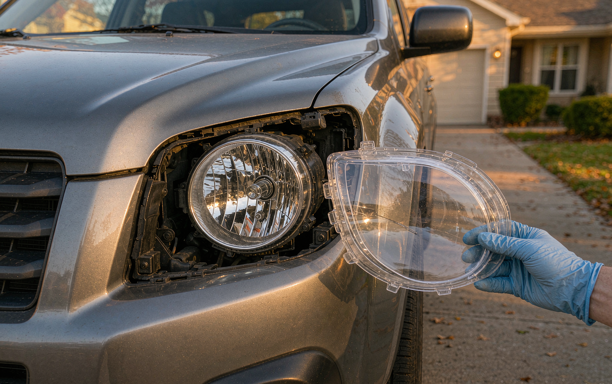 Replacing the headlight lens cover on a 2008-2013 Nissan Rogue in a home driveway