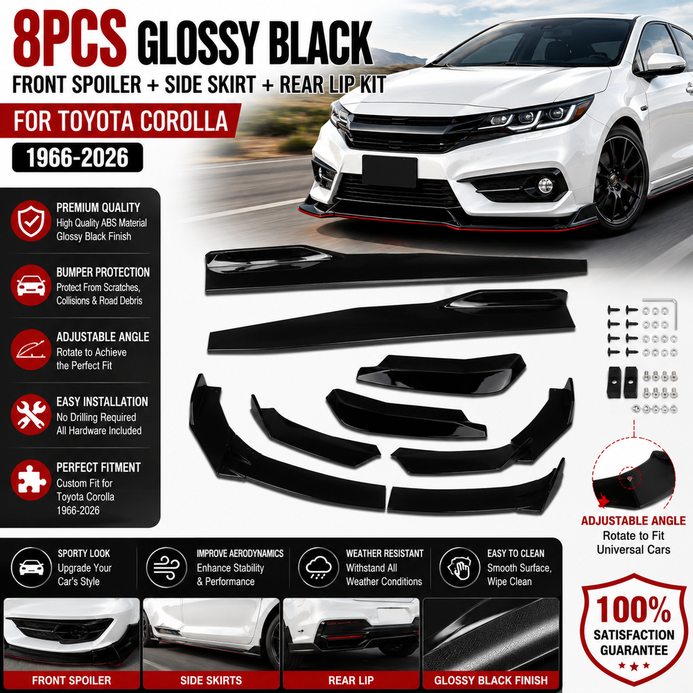 Glossy Black 8x Full Body Kit Front Lip Side Skirt For Toyota Corolla 1966-2026