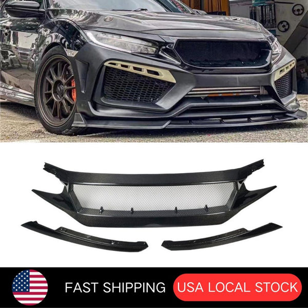 3PCs Carbon Fiber Front Bumper Mesh Grille for Honda 10th Civic 2016-2021