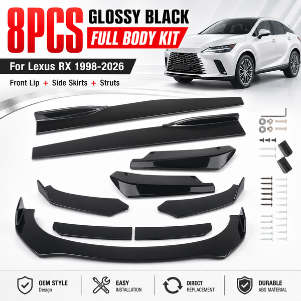 For Lexus RX 1998 To 2026 Glossy Black Front Rear Lip Spoiler Side Skirts 8Pcs