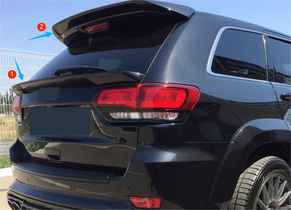 For 2013-2021 Jeep Grand Cherokee Set 2P Rear Mid+Roof Spoiler Wing Glossy Black